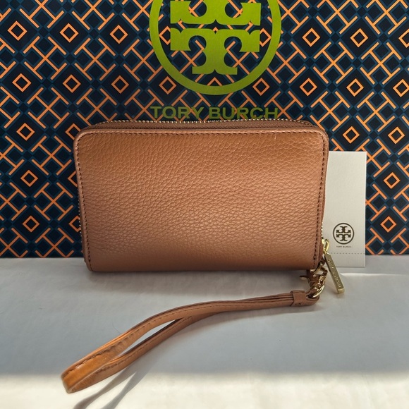 Tory Burch Plaque Wallet Wristlet Bark Gold Tan Brown - Picture 2 of 15